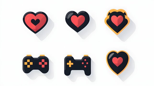 Digital illustration features red hearts within black rounded rectangles, accompanied by gaming controllers.