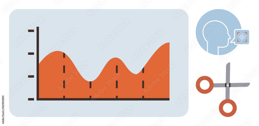 Poster line graph with orange fill and grid design, head silhouette with voice interaction icon, and scisso