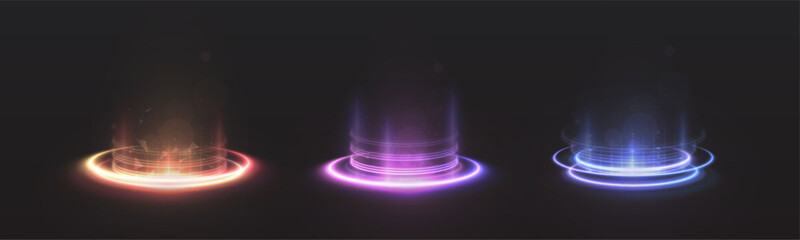 Glowing portal rings with particle glitter effects and neon trails in orange, purple and blue. Floating circular holograms with light beams on a dark background. © MAKSYM