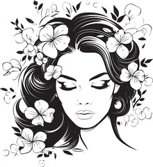 Black Vector Emblem of Woman Face and Flower Motif Feminine Portrait with Flower Accents Vector Black Logo