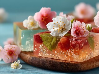 a piece of fruit with flowers on top of it