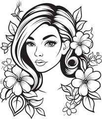 Woman Face with Petal Accents Vector Black Logo Artistic Woman Face Surrounded by Flower Frame Vector Black Icon