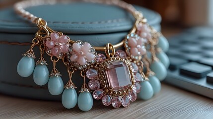 a close up of a necklace on a table