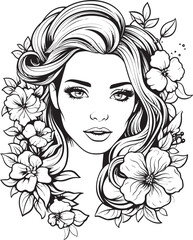 Black Vector Logo of Woman Face with Floral Embroidery Artistic Woman Face with Blossoming Flowers Vector Black Icon