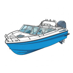 Naklejka premium Blue and White Speedboat with Detailed Features. Side view of a modern speedboat featuring sleek design, glass windows, and outboard motor.