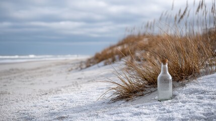 Glass bottle on sandy beach with dune grass and overcast sky.