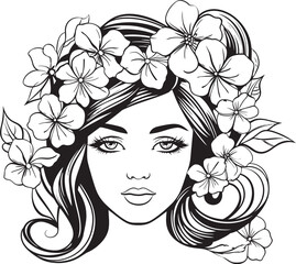 Botanical Adorned Woman Face Vector Black Design Black Vector Emblem of Woman with Floral Crown