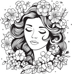 Artistic Woman Face with Botanical Motif Vector Icon Feminine Silhouette and Flower Adornments Black Logo