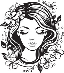 Woman’s Face and Flower Crown Vector Black Logo Elegant Feminine Face with Petal Accents Black Design