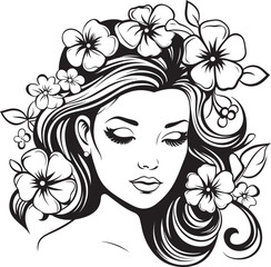 Woman’s Portrait and Botanical Frame Vector Black Icon Woman’s Face Adorned with Blossoms Black Vector Logo
