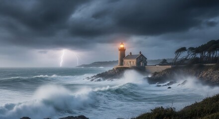 Dramatic Lighthouse Amidst Stormy Seas and Lightning Strikes