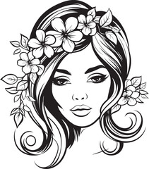 Woman’s Portrait and Artistic Flower Details Vector Logo Feminine Silhouette Framed by Botanicals Black Vector Icon