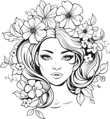 Feminine Silhouette Framed by Botanicals Black Vector Icon Woman’s Face with Petal Motif Vector Black Design