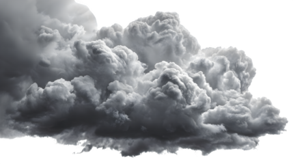 Ominous thunderstorm clouds in dark gray shades, isolated on white