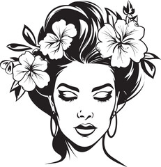 Woman’s Face with Flower Embellishments Vector Black Icon Elegant Feminine Portrait with Botanical Frame Black Logo