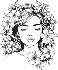 Elegant Feminine Portrait with Botanical Frame Black Logo Woman’s Face Adorned with Petals Vector Black Design