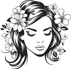 Woman’s Portrait Surrounded by Petals Black Vector Icon Feminine Silhouette and Floral Adornments Vector Black Design