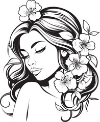 Feminine Face Surrounded by Floral Motif Vector Black Logo Woman’s Face with Botanical Adornments Black Vector Icon