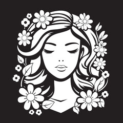 Artistic Feminine Portrait with Flowers Vector Black Design Woman’s Face with Blossoming Floral Adornments Black Vector Logo