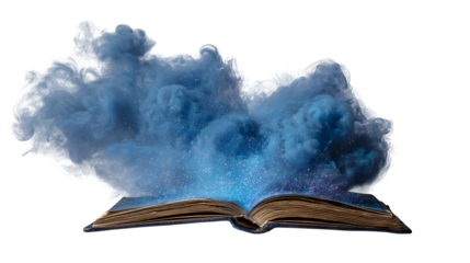 Open magic book emitting blue mystical smoke, isolated on white