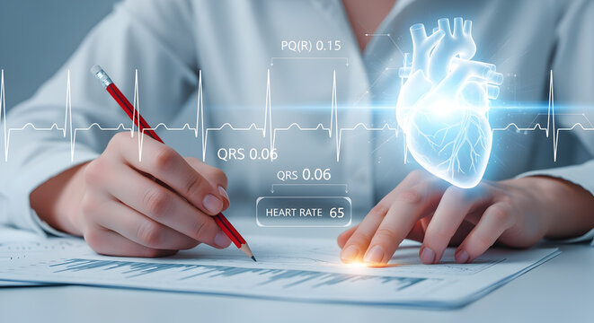 Doctor Reviews Patient Medical Data with Glowing Heart and Digital Waveforms White Shirt and White Table