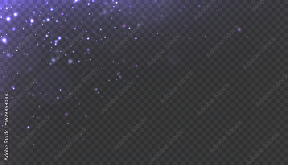 Poster purple glowing particles and sparkles scattered on transparent background. luminous bokeh effect for