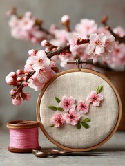 an embroidery hoop with pink flowers on it