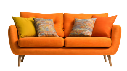 Orange minimalist modern sofa with cushions, isolated on white