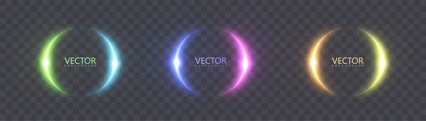 Glowing half-circle light arcs in green, blue, pink and gold on transparent background. Ideal for sci-fi portals, tech frames, magic effects and digital designs.