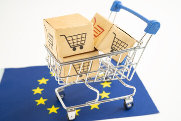 Box with shopping online cart logo and EU flag,