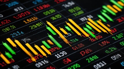 Stock market chart displaying colorful candlestick patterns and numerical data on a digital screen