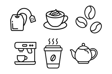 Teabag, Coffee with Cream, Coffee Beans, Coffee Machine, Takeaway Coffee, and Teapot Line Icons