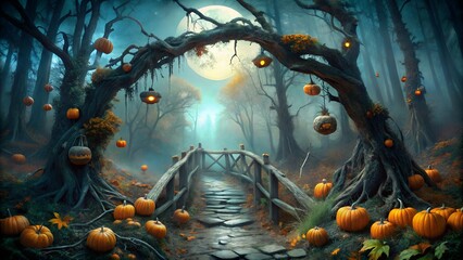 Mysterious halloween forest path under a full moon, with a spooky tree archway and glowing jackolanterns