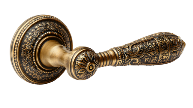 Ornamental gold door handle with vintage detail, isolated on white
