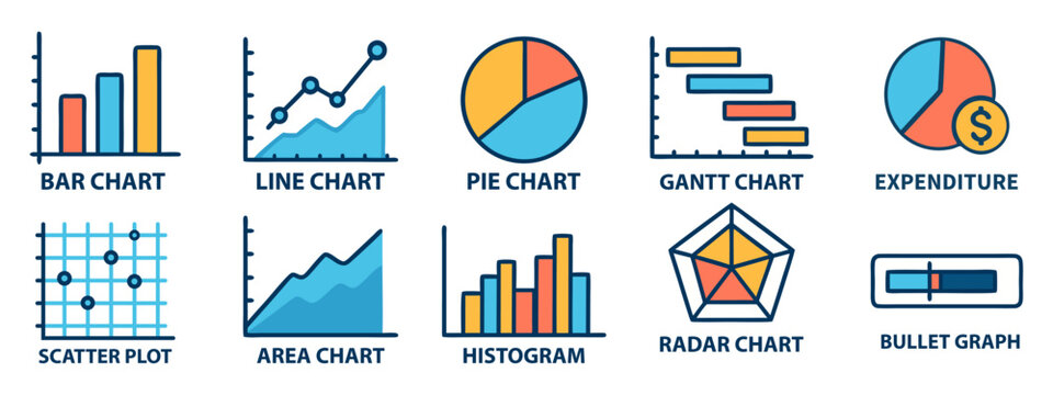 Charts and graphs icon set, analytics dashboard, data visualization, business infographic.Vector

