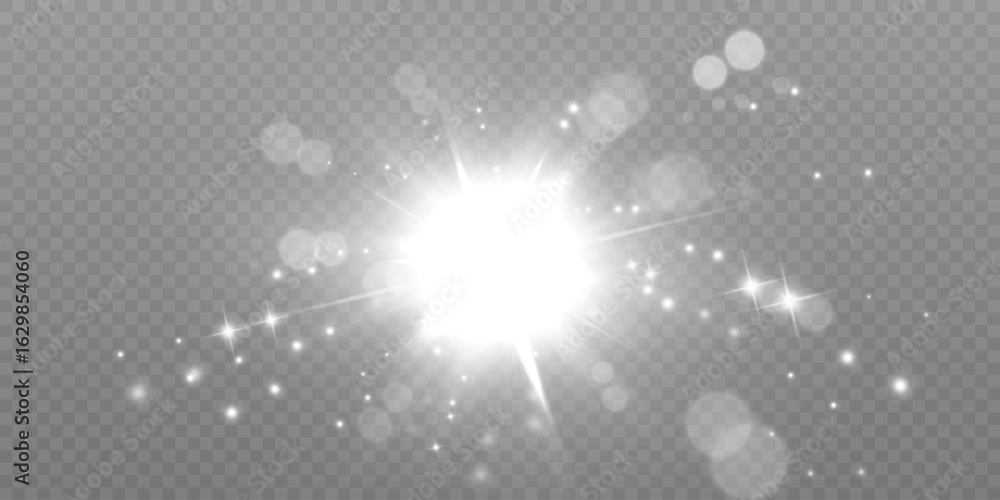 Poster bright white flash with glare, sparkles and bokeh effect on transparent background. vivid light effe