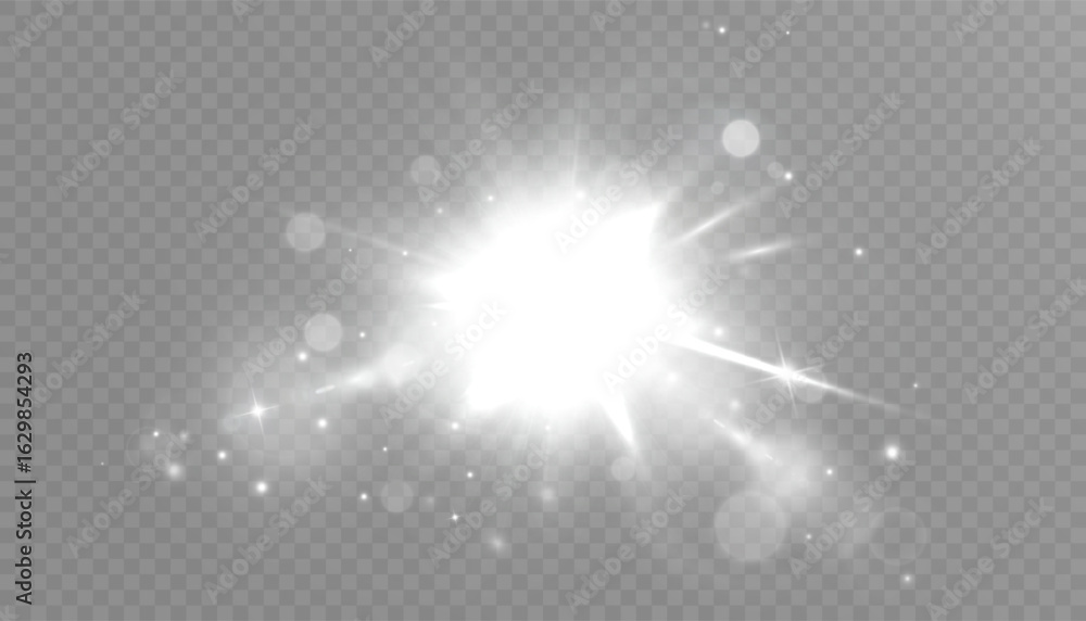 Poster bright white flash with glare, sparkles and bokeh effect on transparent background. vivid light effe