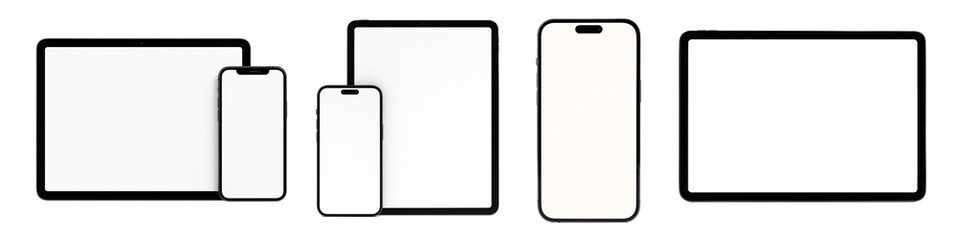 Obraz premium Modern digital devices including smartphones and tablets with blank white screens, isolated on transparent background. mockup for UI, app design, website, responsive display, technology presentation. 