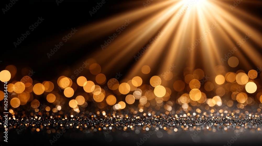 Poster golden sunrays emanate softly, embracing textures and forms with festive bokeh lights in background