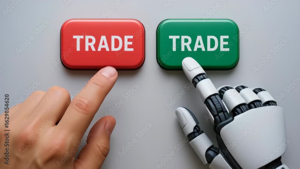 Poster ai energy trading technology with human and robot hand pressing trade button for future market decis