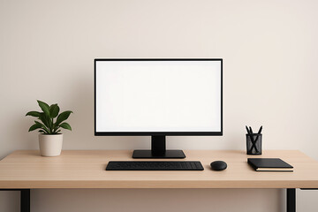 Modern home office desk with monitor and minimal decor plants on wooden tabletop background