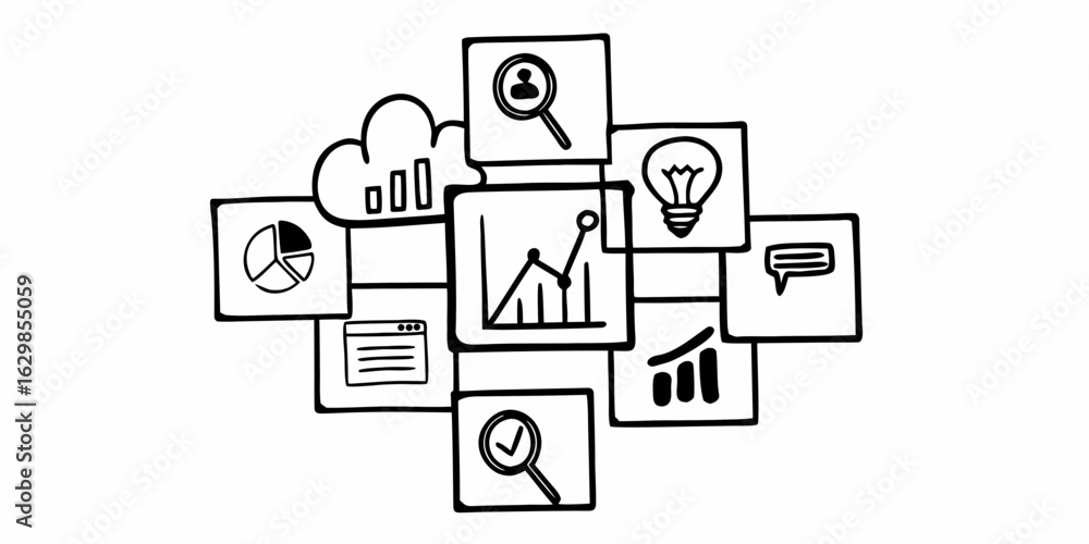 Aufkleber illustration of data analytics and business intelligence icons arranged in a square grid pattern