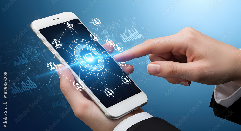 Poster hand holding a smartphone with digital padlock on screen and blue gradient background with light eff