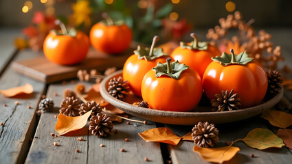 Artistic Arrangement of Persimmons on Rustic Table with Fall Elements and Cozy Lighting