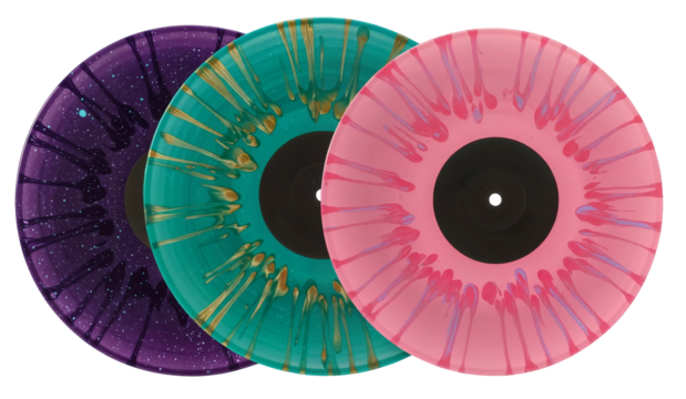 a collection of three colorful vinyl records with unique designs