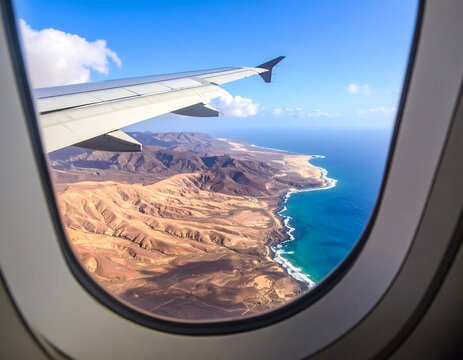 Aerial view of coastal mountains and ocean from airplane window