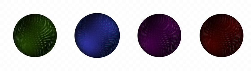 A set of abstract 3D spheres with a grid surface in the form of dots in green, blue, purple and red. Each ball has smooth gradients, a curved grid and floats on a transparent background.