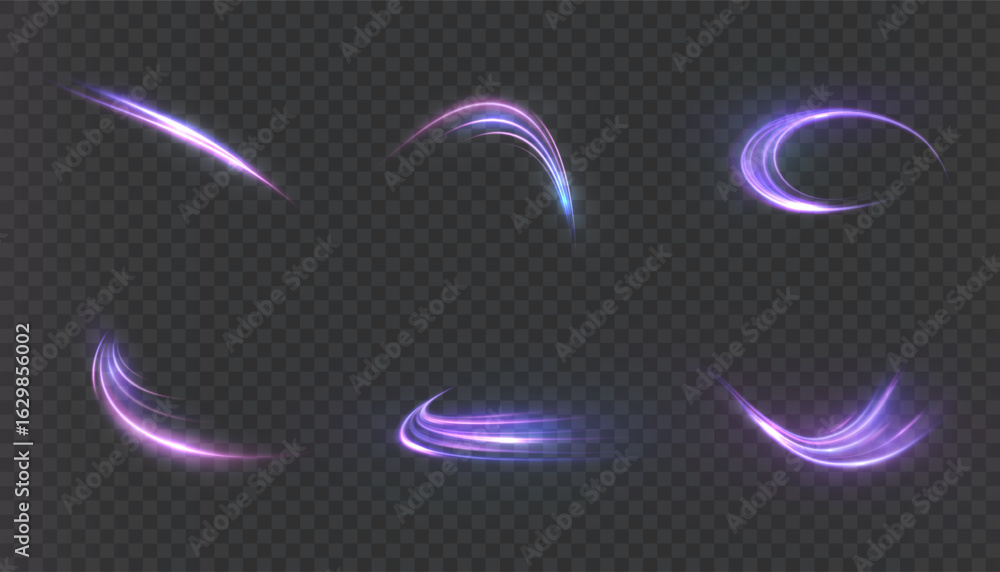 Poster set of glowing purple swirls with motion effect on transparent background. dynamic curved stripes fo