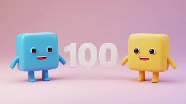 Cute 3D characters with number one hundred on pastel background