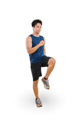 A fit man in sportswear does a high knees exercise on png background